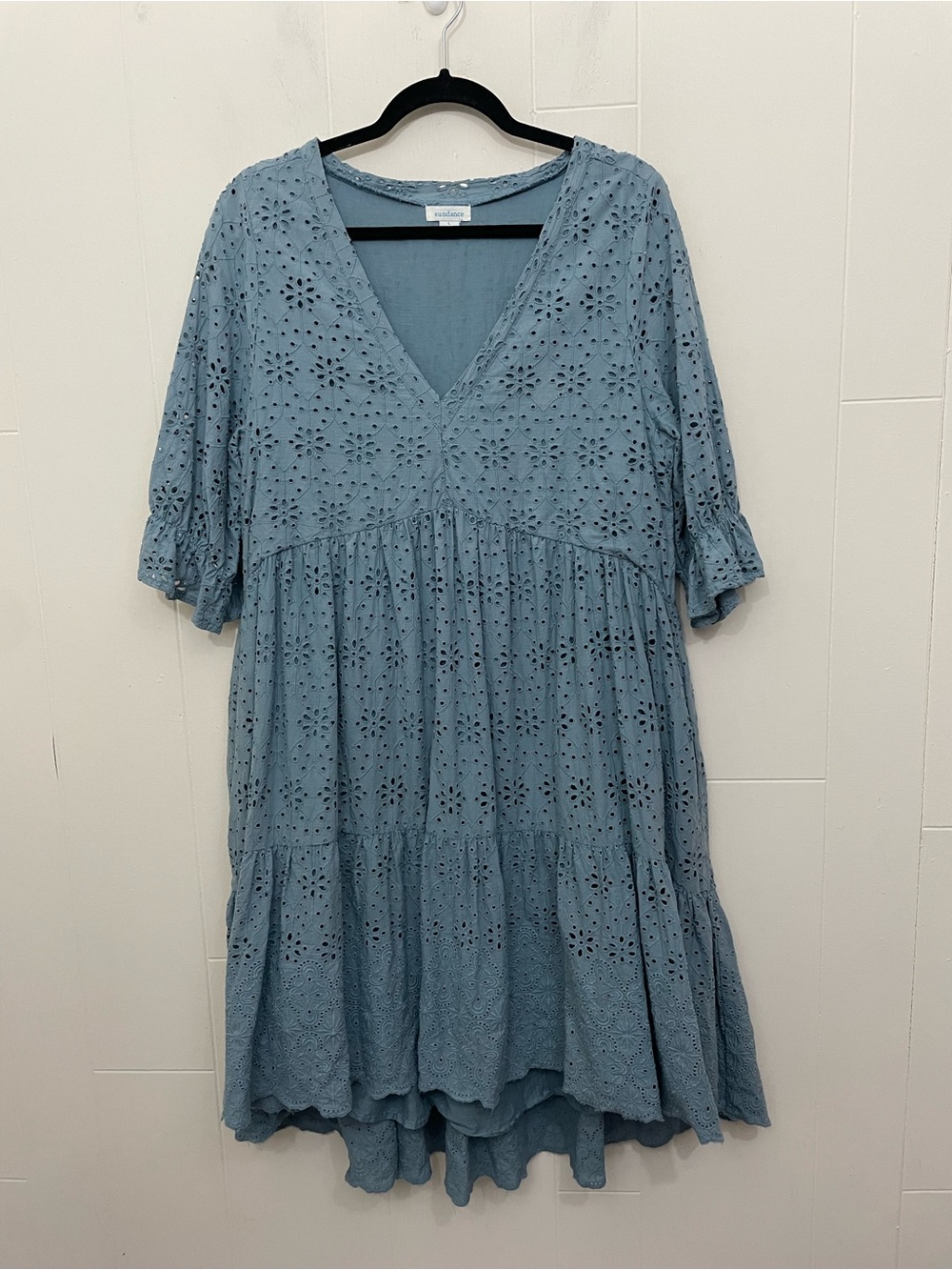 Sundance Eyelet Maxi Dress Size L Slate Blue Cotton Tiered Boho Cottage Pockets